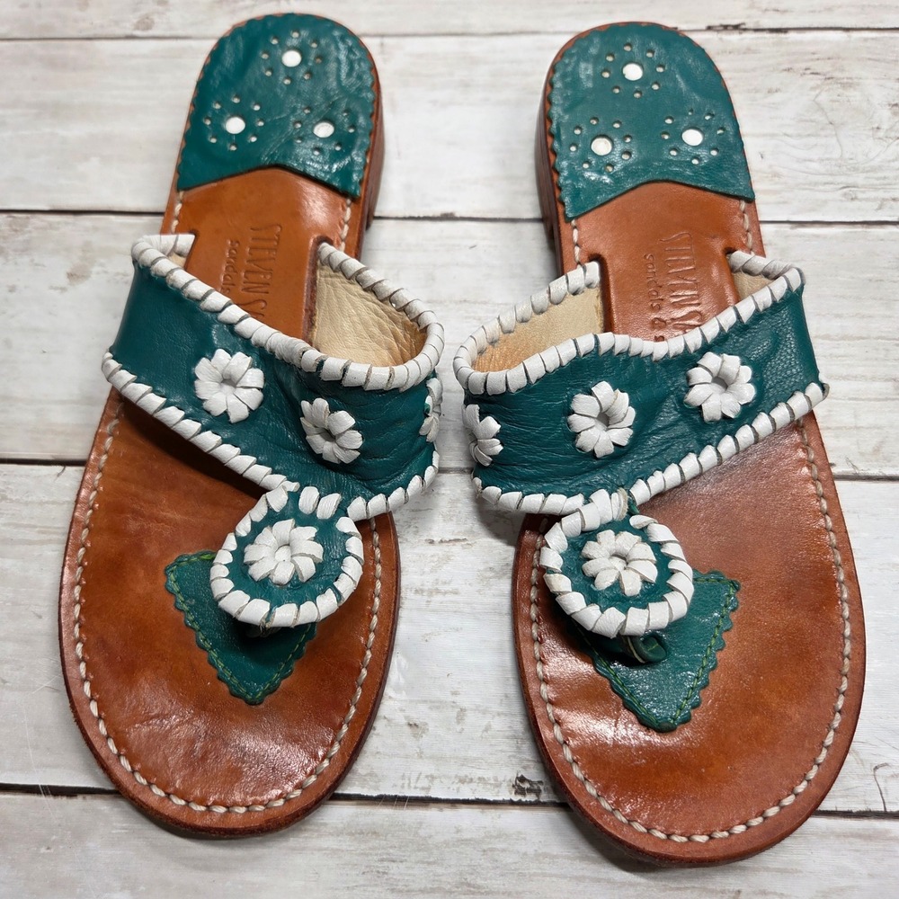 Steven Salario Floral Whipstitch Thong Sandals Women 7.5 Teal Leather Flat